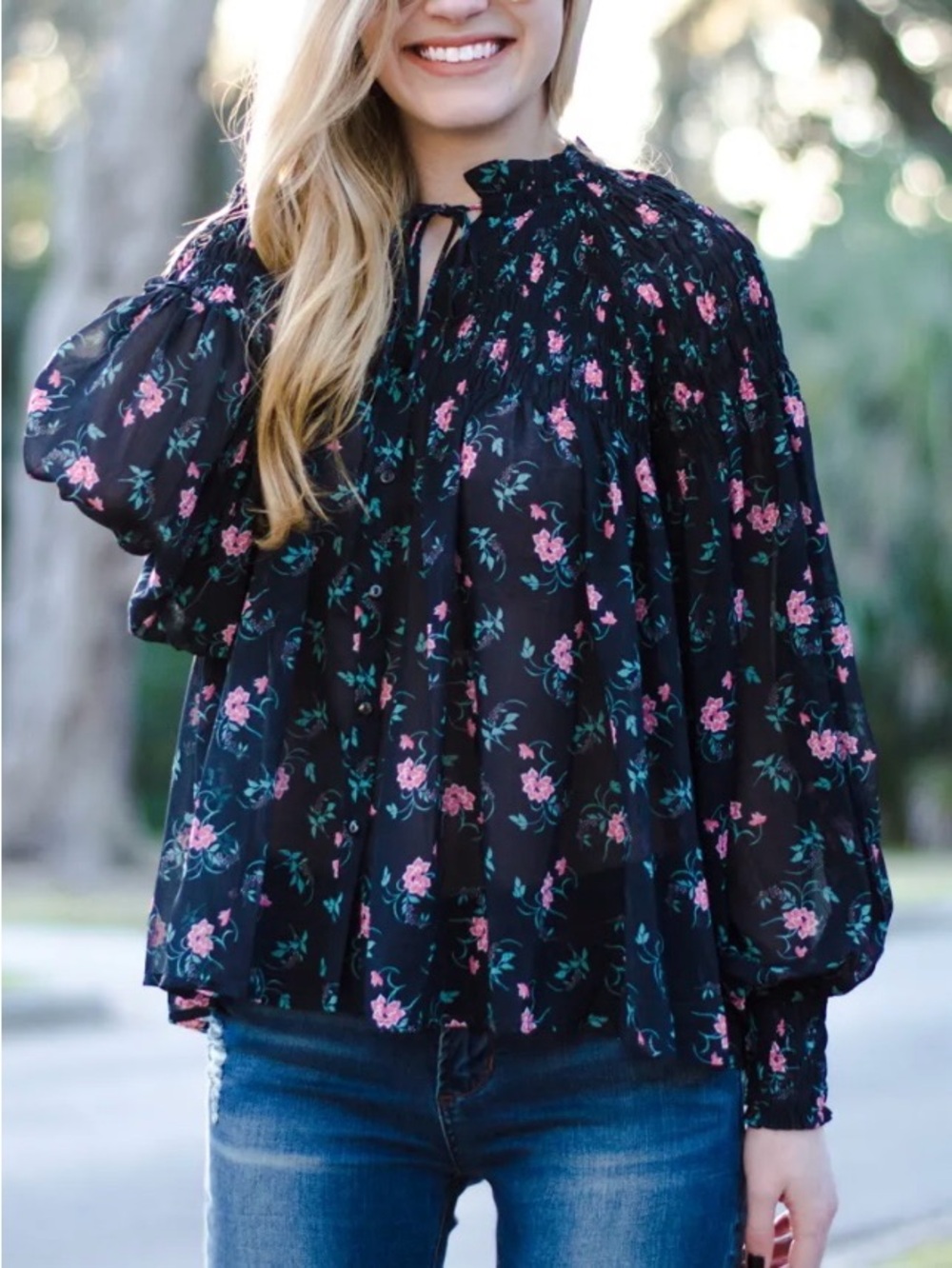 English Factory Black Floral Smocked Peasant Blouse with Pink Flowers, Size M